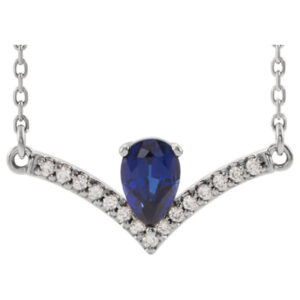 Pear-Shaped Blue Sapphire and Diamond V Bar Necklace, 14K White Gold