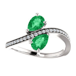 Pear Shaped Emerald and Diamond "Only Us" 2 Stone Ring in 14K White Gold