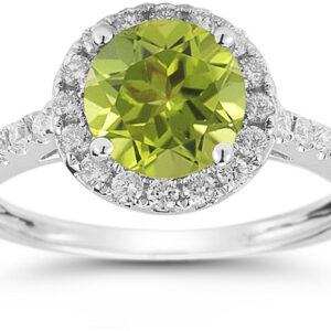 Peridot and Diamond Halo Gemstone Ring in 14K White Gold