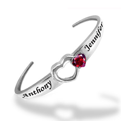Personalized Birthstone Cuff Bangle Bracelet with Heart CZ, Sterling Silver
