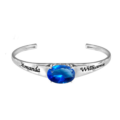 Personalized Birthstone Cuff Bangle Bracelet with Oval CZ in Sterling Silver