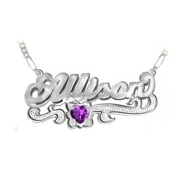 Personalized Name Necklace with Heart Birthstone in White Gold