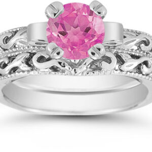 Pink Sapphire Engagement and Wedding Bridal Ring Set, 14K White Gold