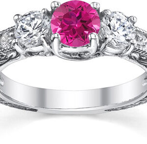 Pink Sapphire and Diamond Three Stone Antique-Style Ring in 14K White Gold