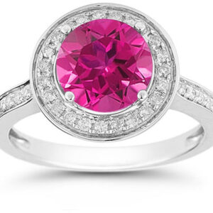 Pink Topaz and Diamond Halo Ring in 14K White Gold