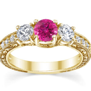 Pink Topaz and Diamond Three-Stone Antique-Style Engagement Ring, 14K Yellow Gold