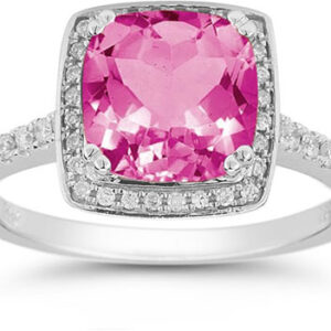 Pink Topaz and Pave Diamond Halo Ring in 14K White Gold
