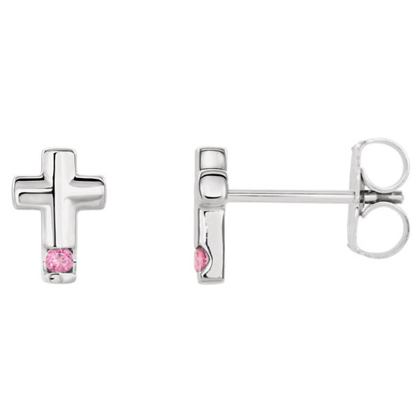 Pink Tourmaline Cross Stud Earrings in 14K White Gold