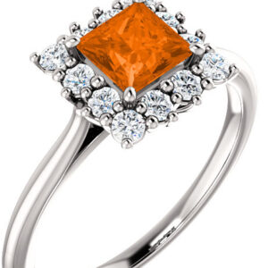 Poppy-Orange Topaz Diamond Halo Ring, 14K White Gold