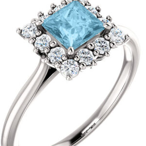 Princess-Cut Aquamarine and Diamond Halo Ring, 14K White Gold