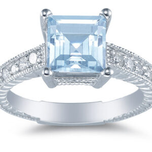 Princess Cut Aquamarine and Diamond Ring, 14K White Gold