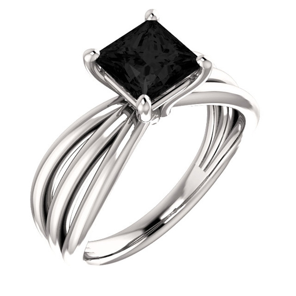 Princess-Cut Black Onyx Trinity Ring in 14K White Gold