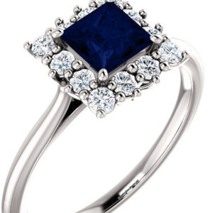 Princess-Cut Blue Sapphire and Diamond Halo Ring