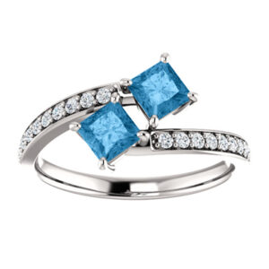 Princess Cut Blue Topaz and Diamond "Only Us" Two Stone Ring in 14K White Gold
