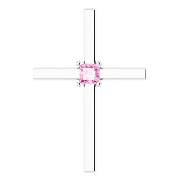 Princess-Cut Pink Sapphire Cross Necklace, 14K White Gold