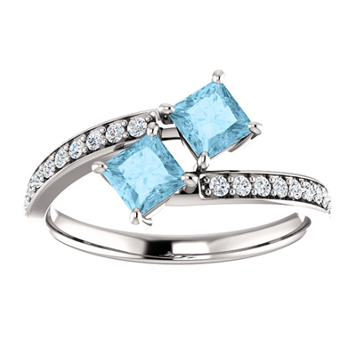 Princess Cut Two Stone Aquamarine and CZ Ring in Sterling Silver