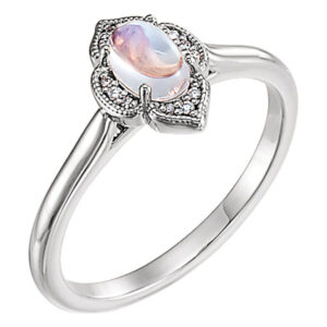 Rainbow Moonstone and Diamond Clover Cabochon Ring, 14K White Gold