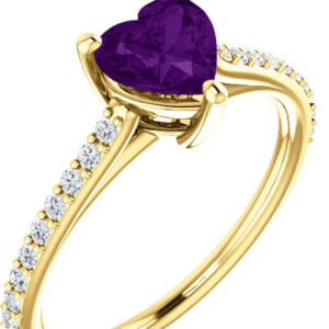 Real Purple Amethyst Heart and Diamond Ring in Yellow Gold