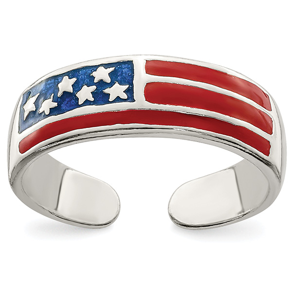 Red White and Blue American Flag Toe Ring, Sterling Silver