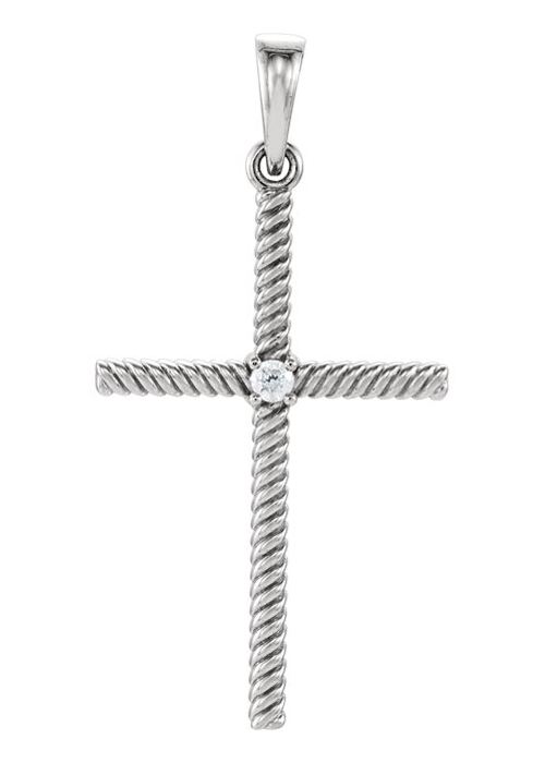 Rope Design Diamond Cross Pendant, 14K White Gold