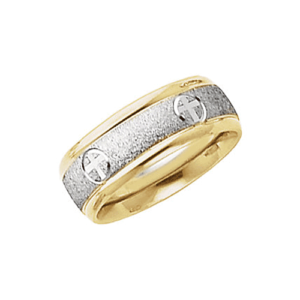 Sandblasted Christian Cross Wedding Band Ring, 14K Two-Tone Gold