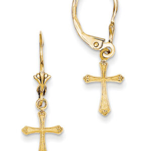 Small Cross Earrings with Scroll-Work Tips, 14K Gold