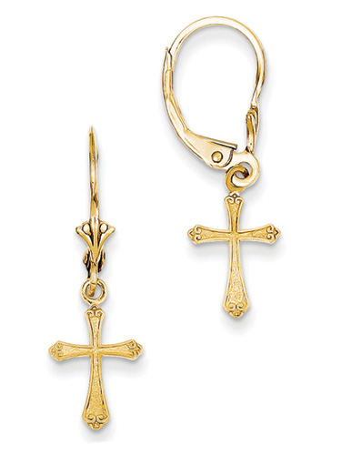Small Cross Earrings with Scroll-Work Tips, 14K Gold