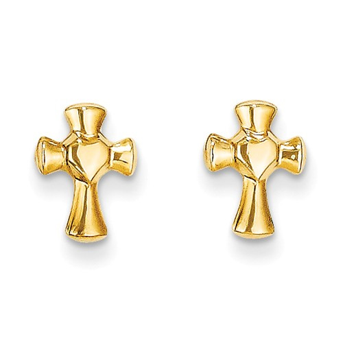 Small Cross in Heart Earrings, 14K Gold