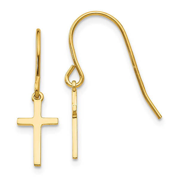 Small Plain Cross Earrings with Shepherd's Hook, 14K Gold