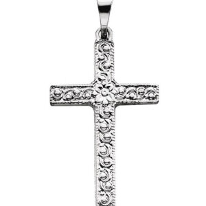 Small Platinum Etched Flower Cross Pendant for Women