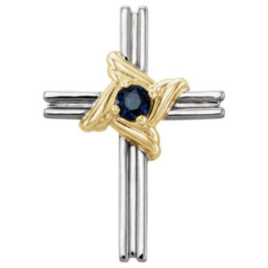 Small Sapphire Cross Pendant Necklace, 14K Two-Tone Gold
