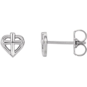 Small Sterling Silver Cross Heart Stud Earrings