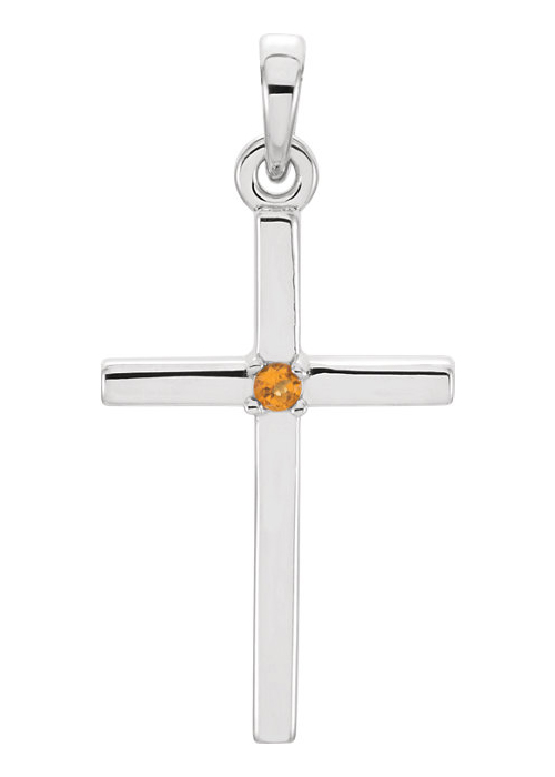 Solitaire Citrine Cross Necklace, 14K White Gold