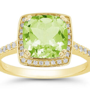 Square Cushion-Cut Light Green Peridot Diamond Halo Ring, 14K Yellow Gold