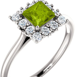 Square Green Peridot Princess-Cut Diamond Halo Ring