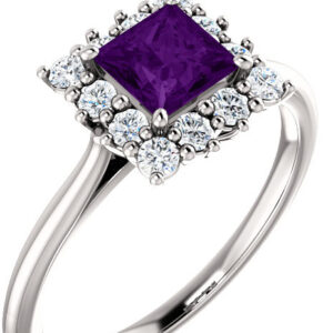 Square Princess-Cut Purple Amethyst and Diamond Halo Ring