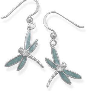 Sterling Silver Enameled Dragonfly Earrings with CZ Accent