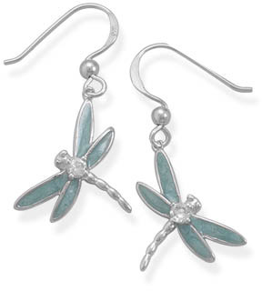 Sterling Silver Enameled Dragonfly Earrings with CZ Accent