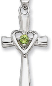 Sterling Silver Heart and Cross Pendant with Peridot Accent