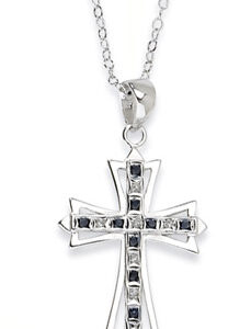 Sterling Silver Sapphire and Diamond Cross Pendant