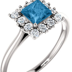 Sterling Silver Swiss-Blue Topaz Square Princess-Cut Halo Ring