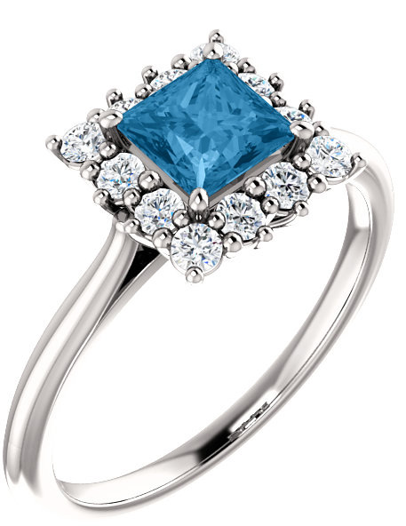 Sterling Silver Swiss-Blue Topaz Square Princess-Cut Halo Ring