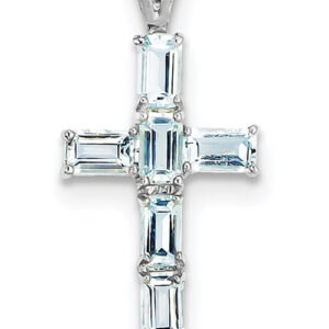 Sterling Silver and Baguette Cut Aquamarine Cross Pendant