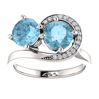 Swirl Design Aquamarine and CZ "Only Us" Two Stone Ring in Sterling Silver