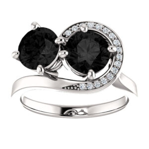 Swirl Design "Only Us" Two Stone Black Diamond Ring in 14K White Gold