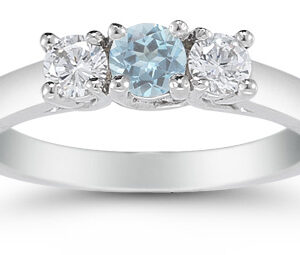 Three Stone Aquamarine and Diamond Ring, 14K White Gold
