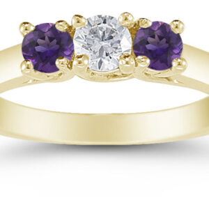 Three Stone Diamond and Amethyst Ring in 14K Yellow Gold