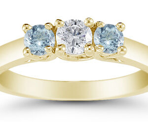 Three Stone Diamond and Aquamarine Ring, 14K Gold
