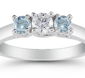 Three Stone Diamond and Aquamarine Ring, 14K White Gold