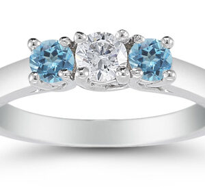 Three Stone Diamond and Blue Topaz Ring, 14K White Gold
